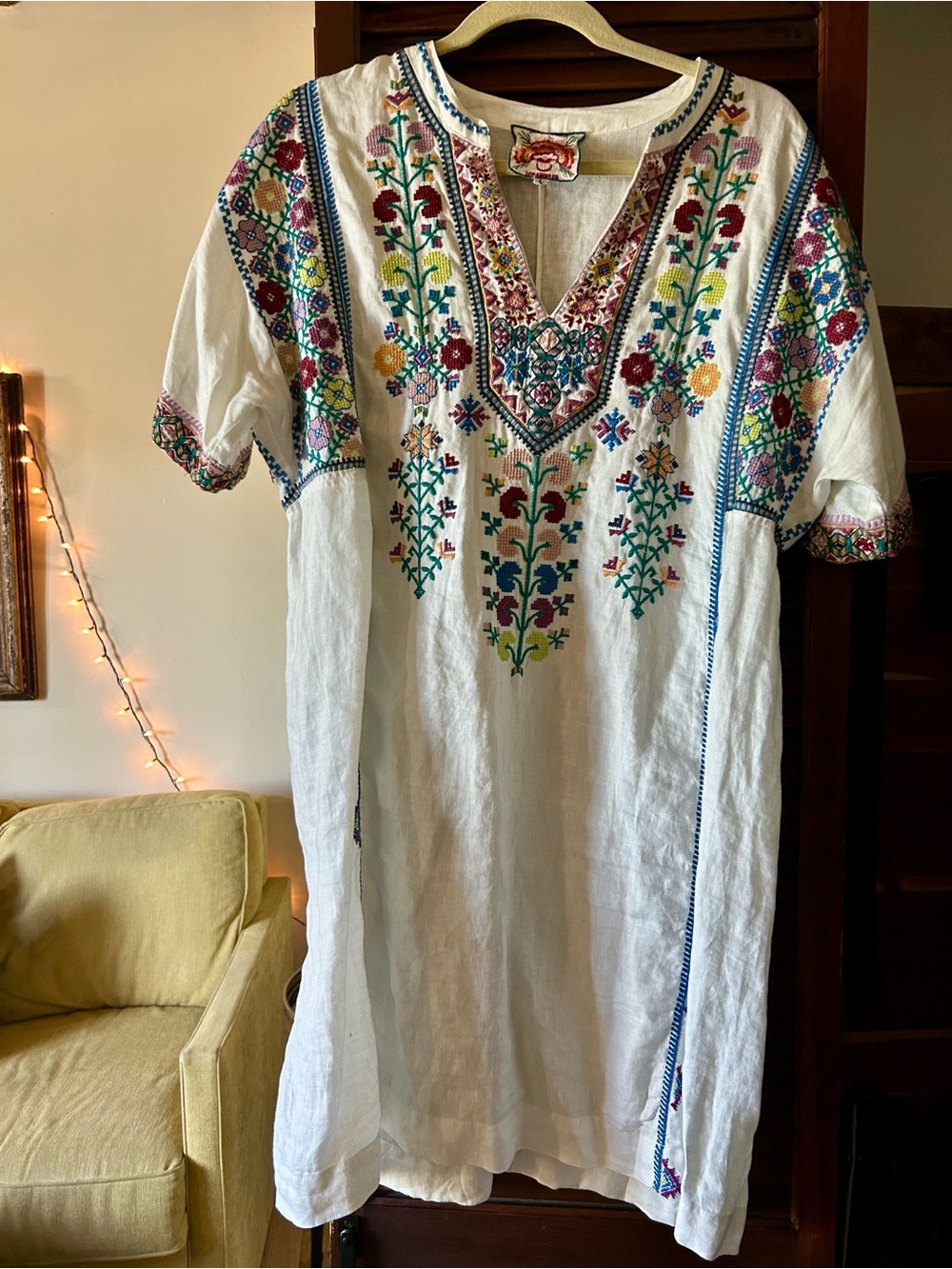 Johnny Was White Embroidered V-Neck Midi Dress with Multicolor Floral Stitching